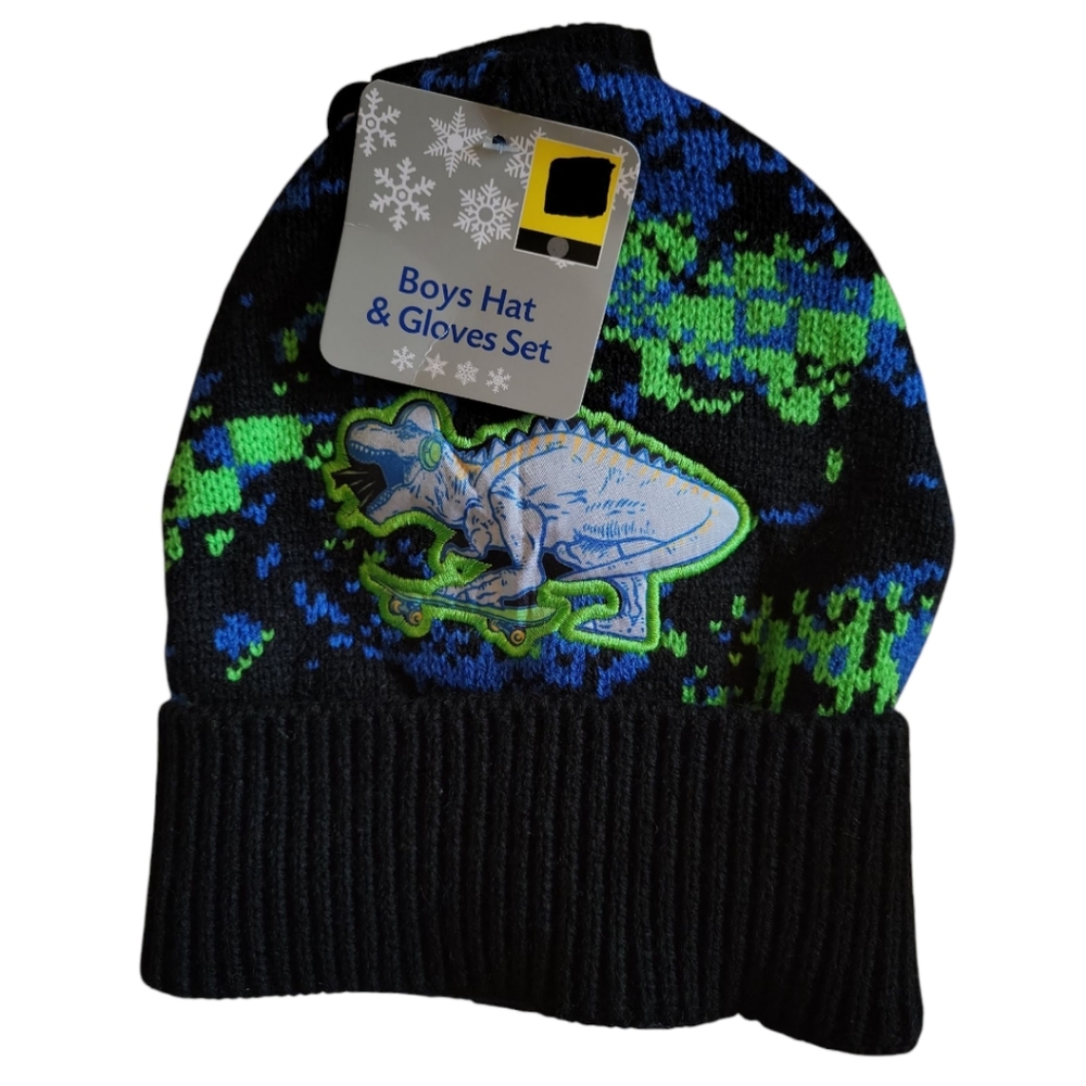 NWT Knit Cap Hat Beanie & Gloves Dinosaur Skate Board Head Phones Neon Green